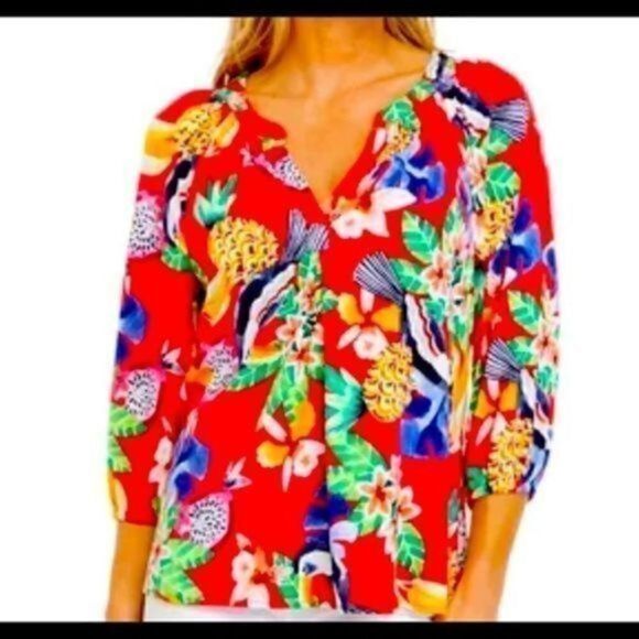 CROWN & Ivy Hawaiian floral/bird print top 3/4 sleeves split V-neck Women’s L - Picture 7 of 11